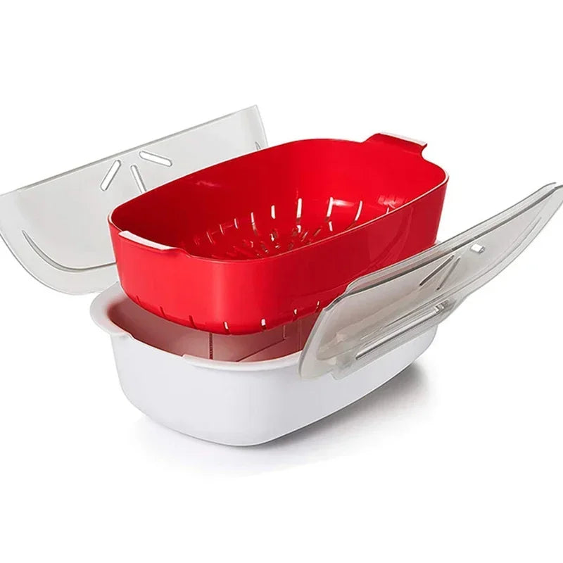 Microwave Food Steamer with Lid Large Capacity Plastic Steam Cooker for Vegetables Fish Dumplings and Buns – Red