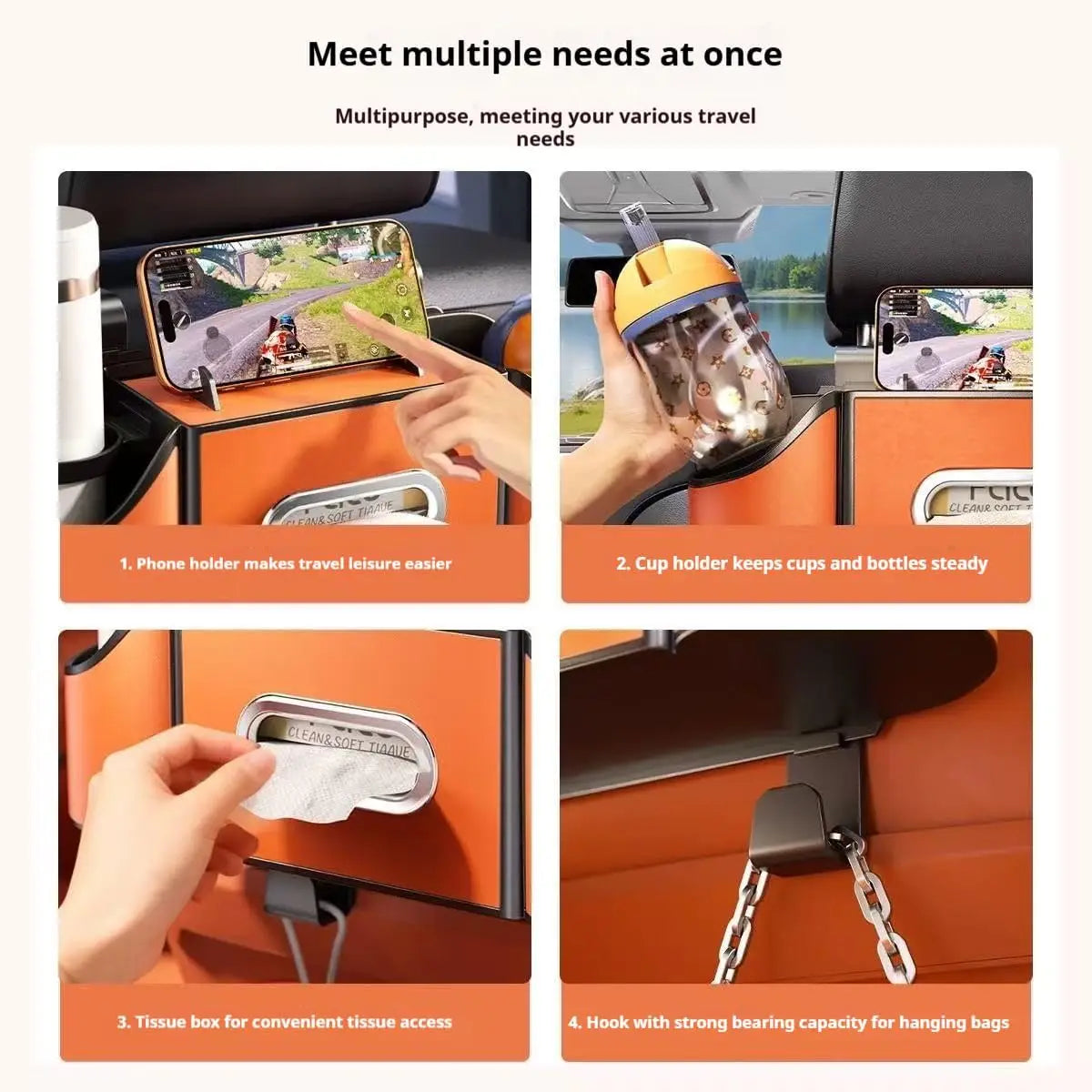 Backseat Car Organiser 4 in 1 Storage with Cup Holders Tissue Holder Phone Tray - Black