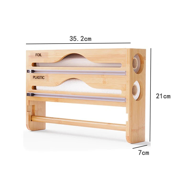 Kitchen Organizer Portable Bamboo Wrap Dispenser Cutter Box 2 Compartment Wall Mounted Storage