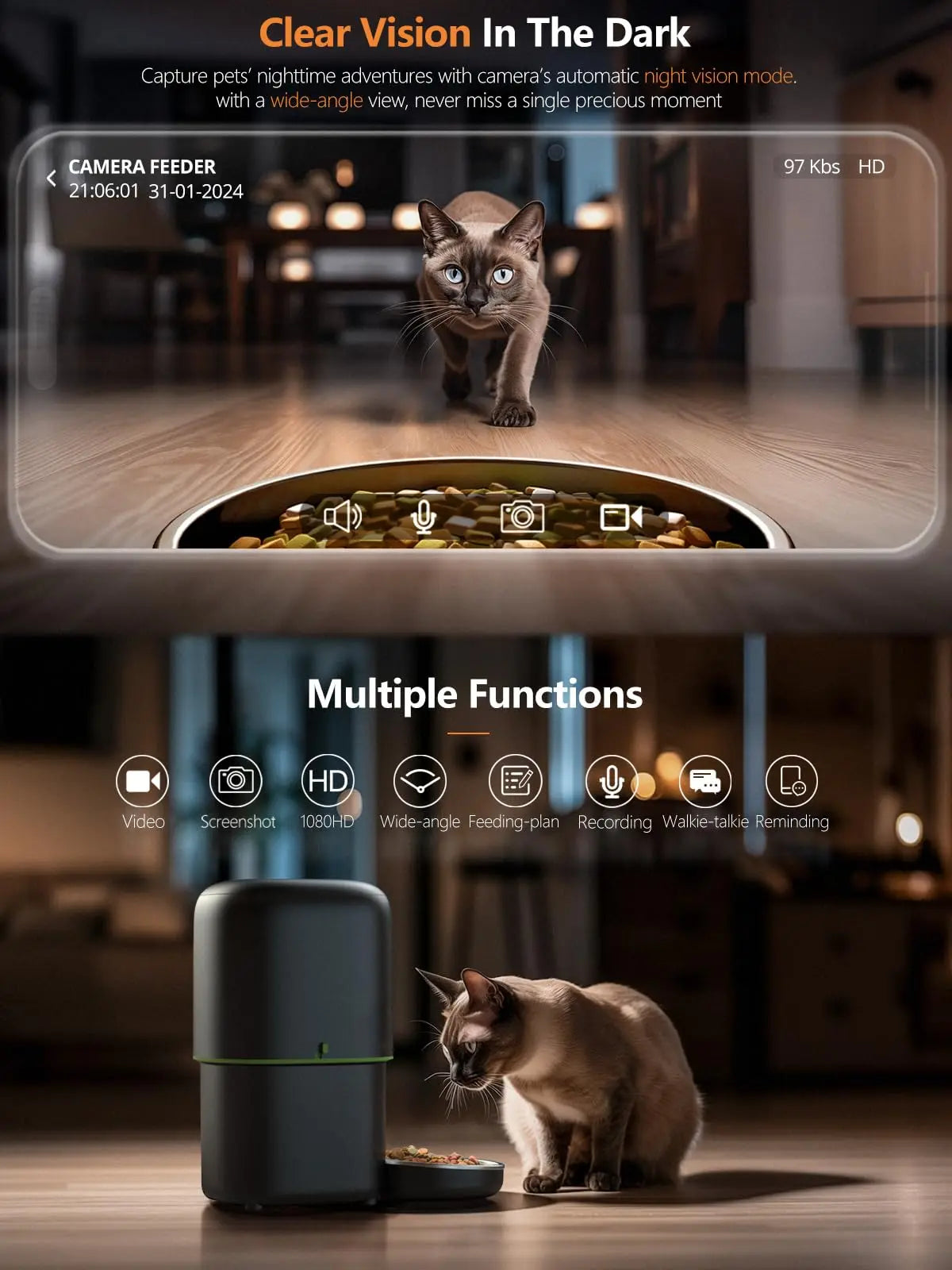 Pet Feeder 2L 1080P Camera WiFi App Controlled Automatic Meal Dispenser with Stainless Steel Bowl