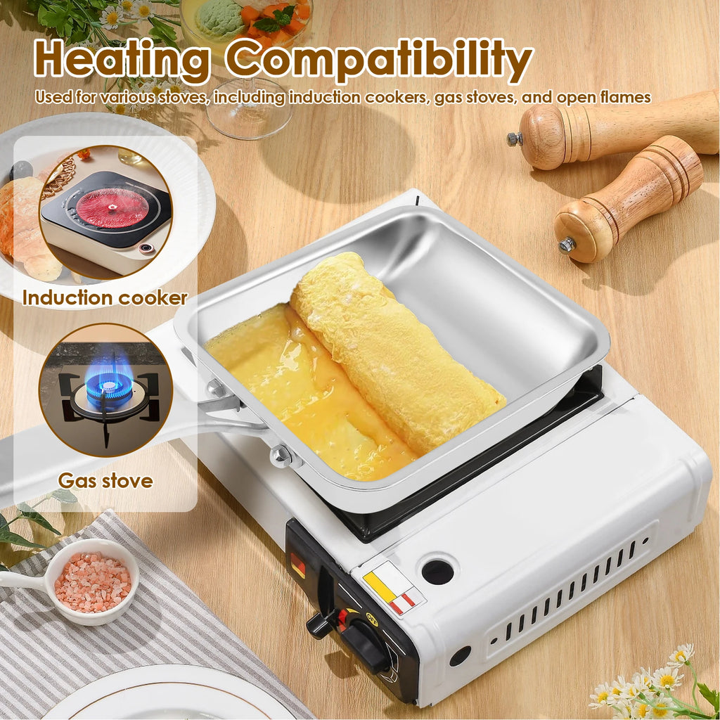 Tamagoyaki Pan 19 × 16 × 4 cm Stainless Steel Rectangle Omelette Pan with 17.5 cm Handle