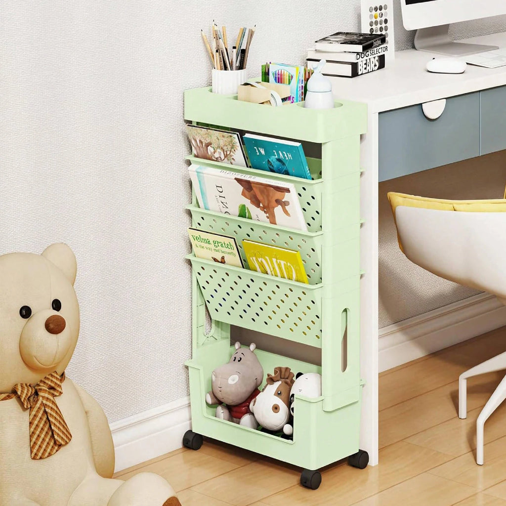 Rotating Bookshelf 5 Tier Rolling Storage Rack Multilayer Organizer Green 1PC