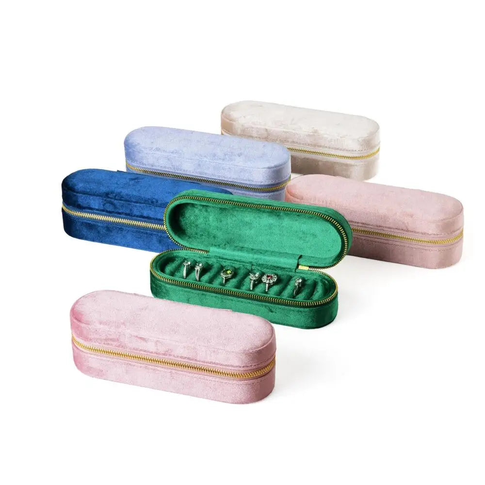 Jewellery Storage Box Portable Velvet Flip Top Organiser with Zip Closure - Pink