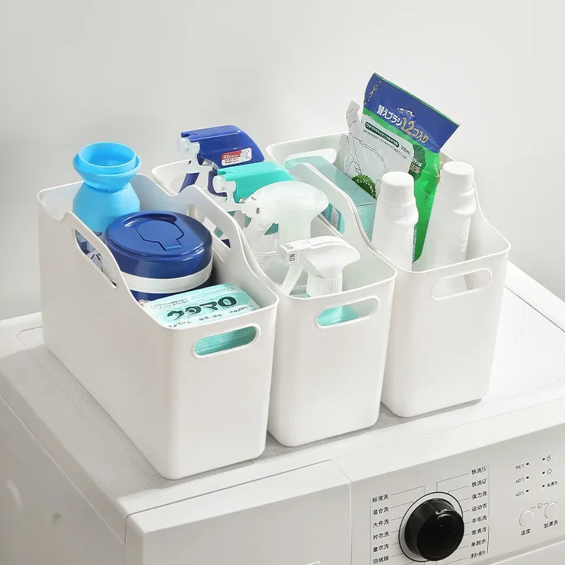 Portable Plastic Storage Basket with Handle Multi-Purpose Household Organiser Bin – White