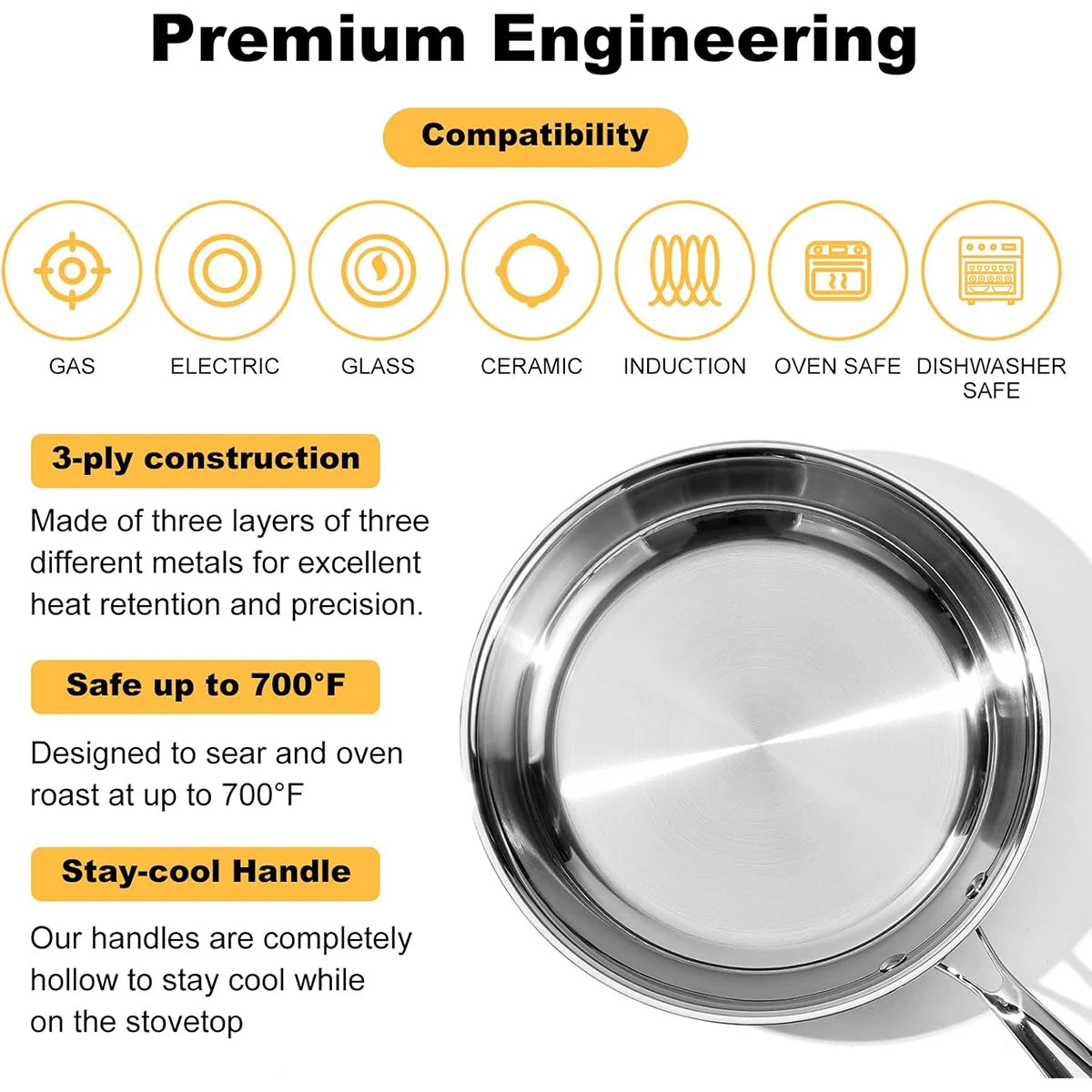 Frying Pan 28cm Tri Ply Stainless Steel Induction Compatible Skillet