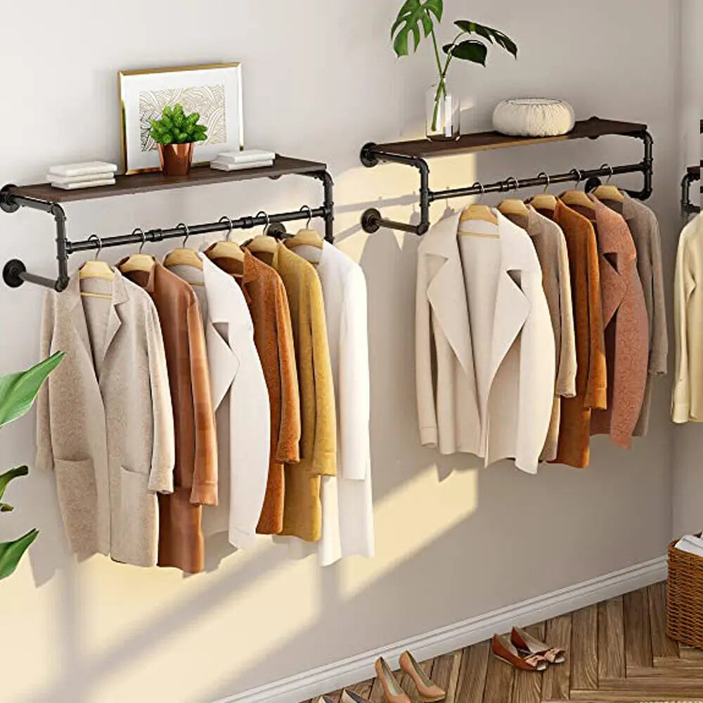 Garment Rack Wall Mounted Industrial Pipe Shelving Floating Clothing Display – Brown