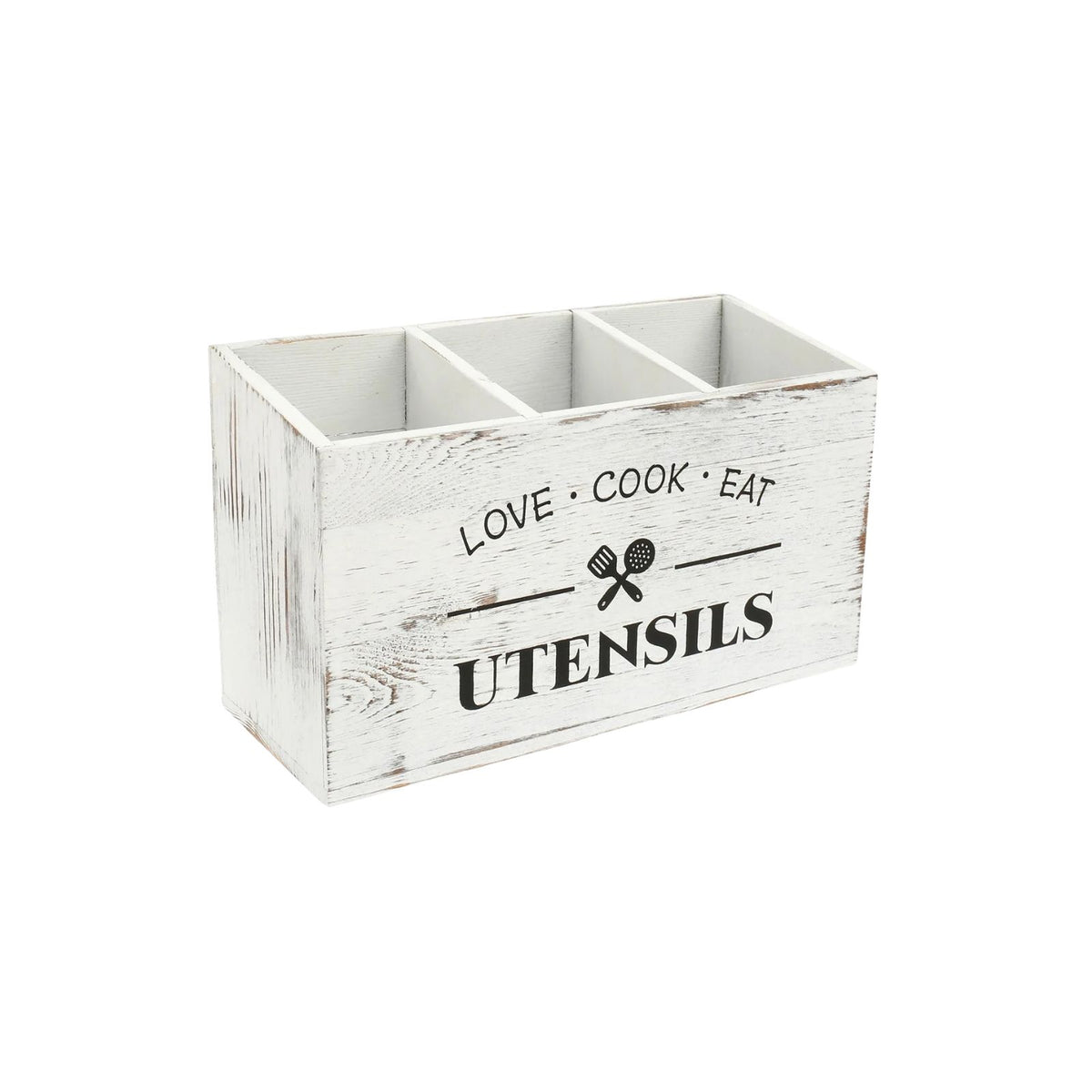 Utensil Holder 3 Compartment 30 × 12 × 17.5 cm Wooden Kitchen Cutlery Organiser - White