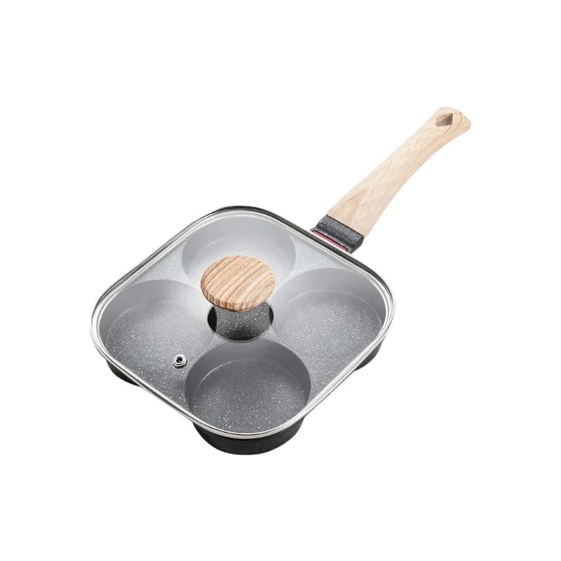 Omelet Pan 4 Hole Non Stick Frying Pan with Glass Lid for Gas and Induction Cooking - White
