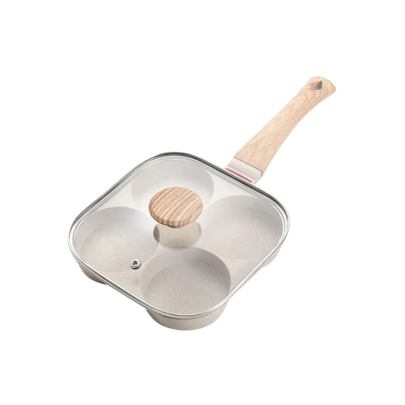 Omelet Pan 4 Hole Non Stick Frying Pan with Glass Lid for Gas and Induction Cooking - White