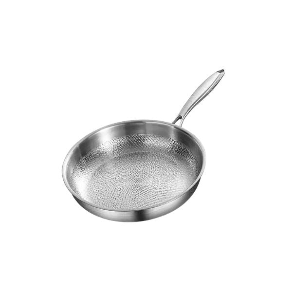 Frying Pan 28 cm Uncoated Stainless Steel Hammered Skillet with Glass Lid for Gas and Induction Cooktops