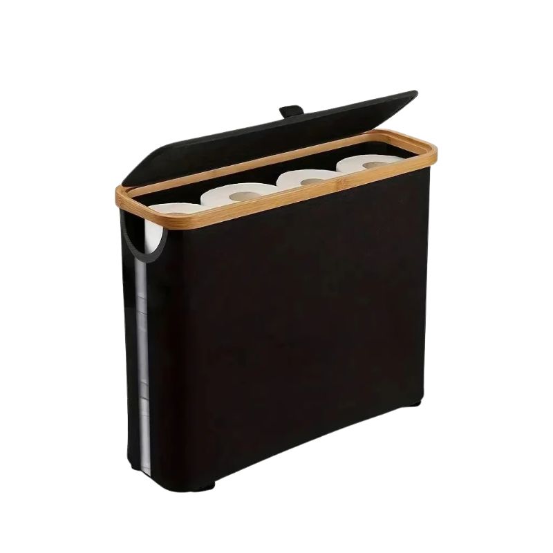 Toilet Paper Storage Basket 12 Roll Foldable Organiser with Bamboo Frame and Lid - Grey