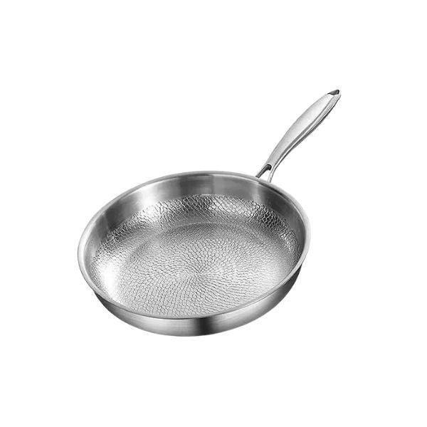 Frying Pan 30 cm Uncoated Stainless Steel Hammered Skillet with Glass Lid for Gas and Induction Cooktops
