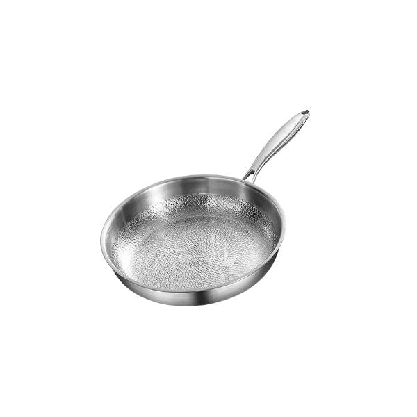 Frying Pan 26 cm Uncoated Stainless Steel Hammered Skillet with Glass Lid for Gas and Induction Cooktops