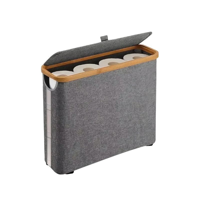 Toilet Paper Storage Basket 12 Roll Foldable Organiser with Bamboo Frame and Lid - Grey