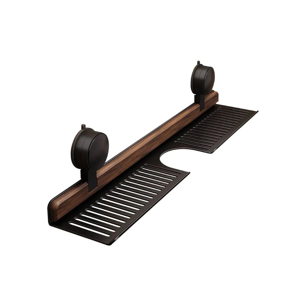 Bathroom Shelf Walnut Suction Cup Sink Organiser Over Faucet Storage Rack - Black