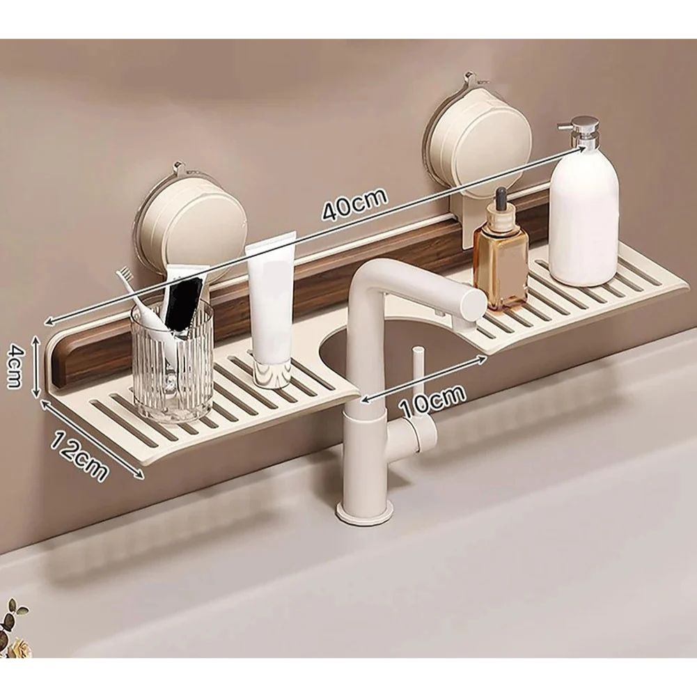 Bathroom Shelf Walnut Suction Cup Sink Organiser Over Faucet Storage Rack - Black