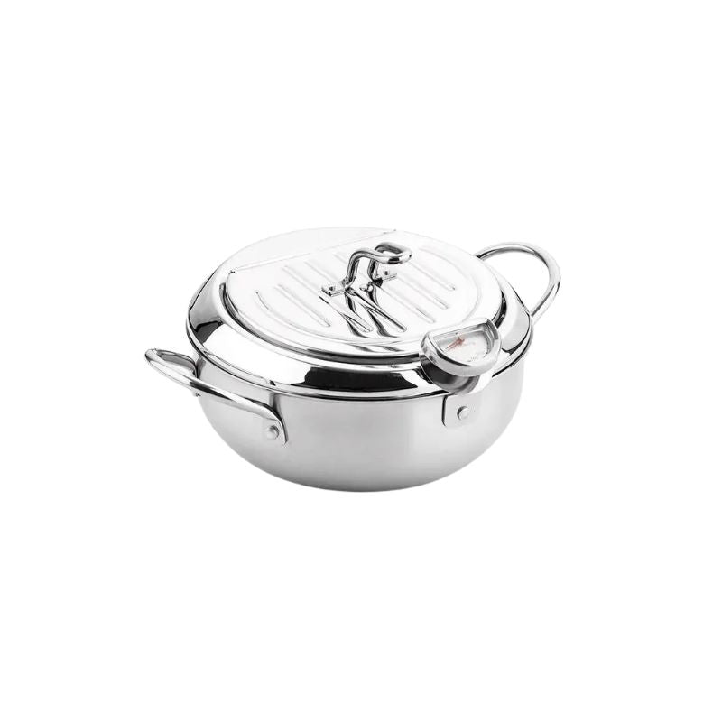 Oil Frying Pan 20 cm Stainless Steel Deep Frying Pot with Thermometer, Lid and Drain Rack