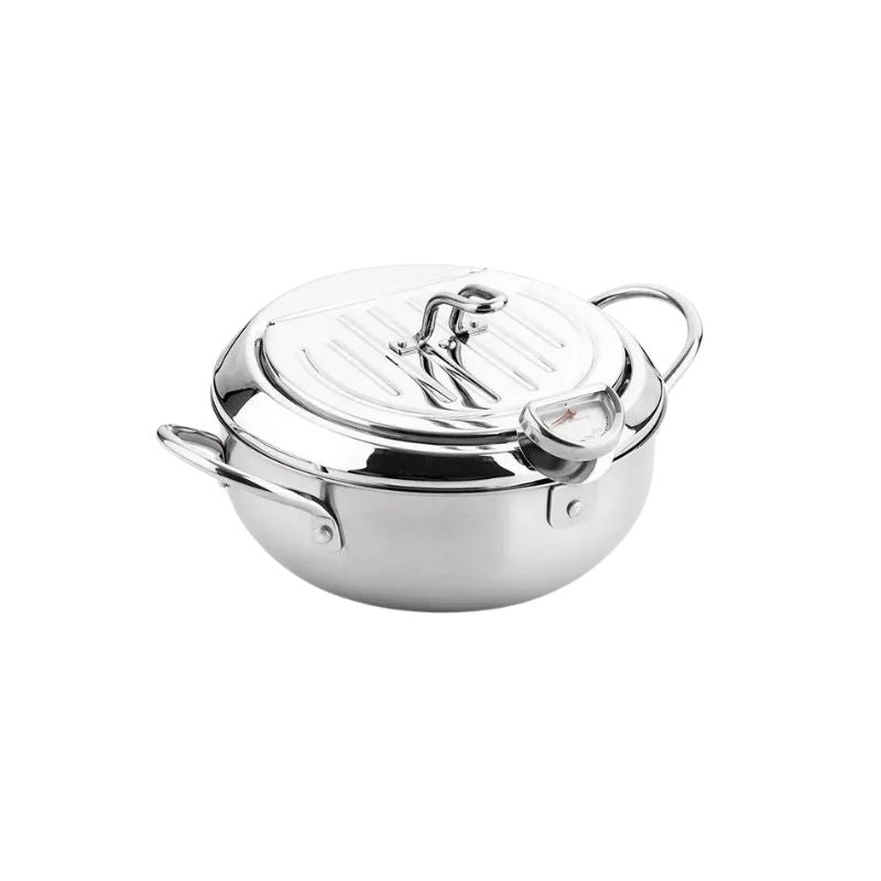 Oil Frying Pan 24 cm Stainless Steel Deep Frying Pot with Thermometer, Lid and Drain Rack