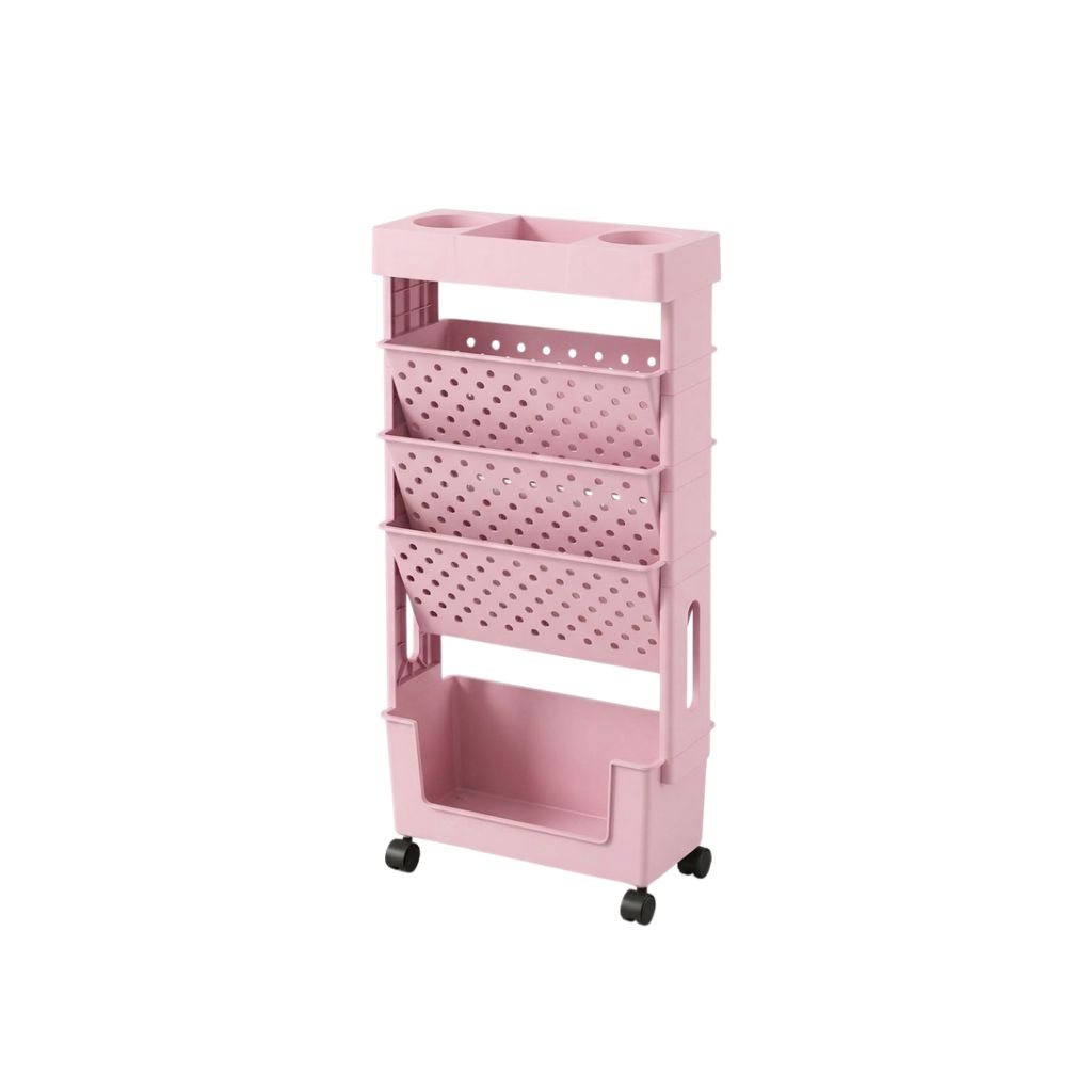 Book Rack 5 Tier Rotatable Removable Plastic Rolling Storage Organiser for Living Room - Pink