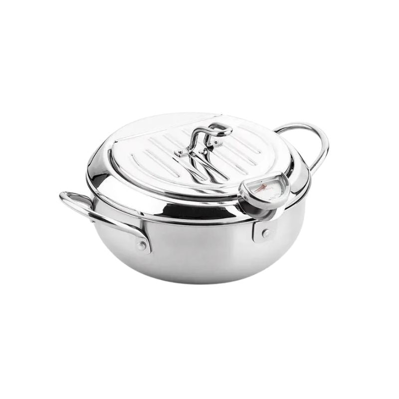 Oil Frying Pan 28 cm Stainless Steel Deep Frying Pot with Thermometer, Lid and Drain Rack