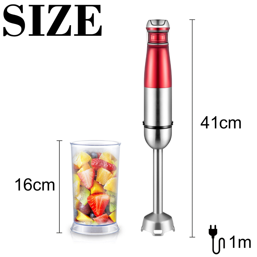 Hand Blender 1000W Immersion Mixer with Chopper Whisk 600mL Cup Stainless Steel – Red