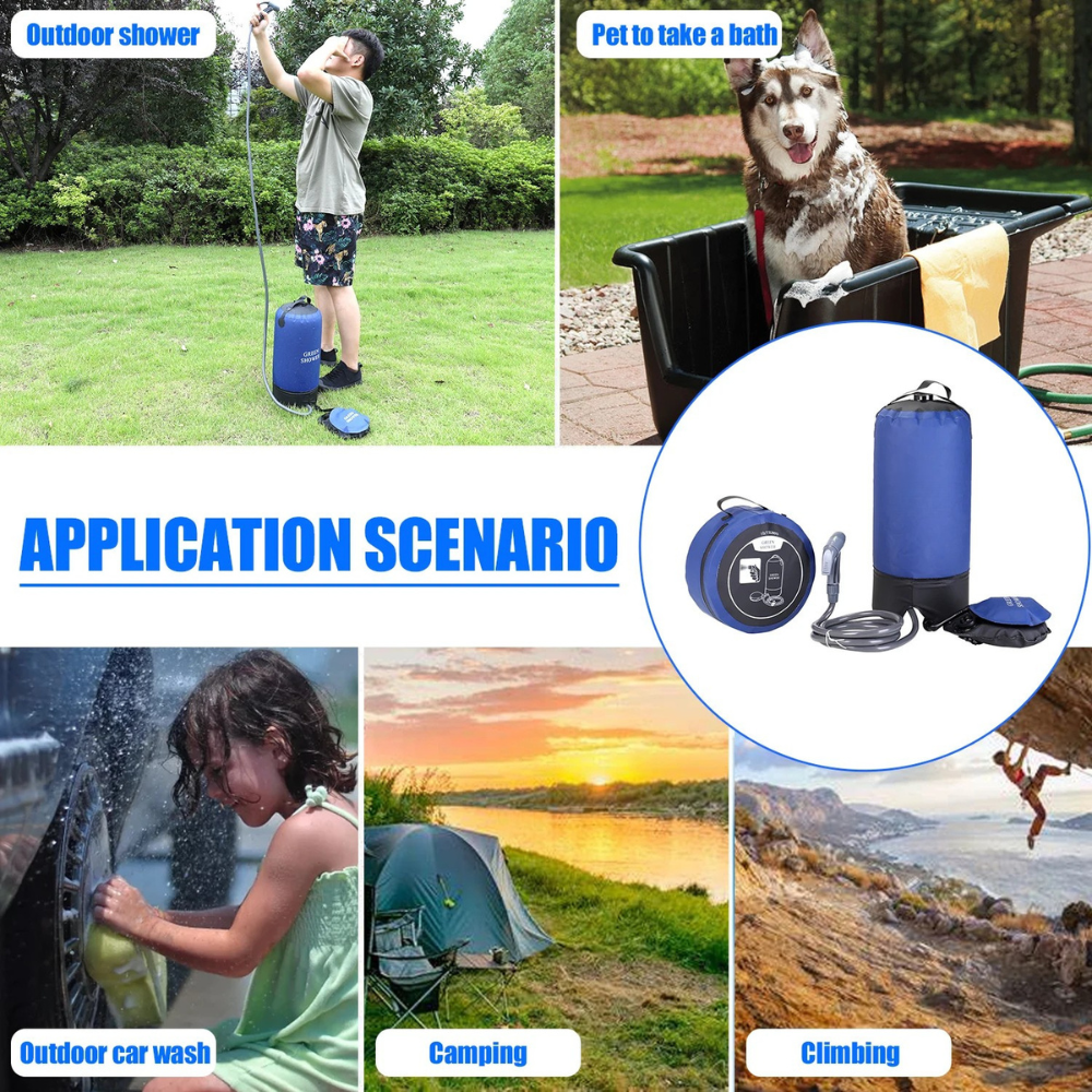 Portable Outdoor Shower Bag 12L Foot Pump Inflatable PVC Camping Beach Washing System - Blue