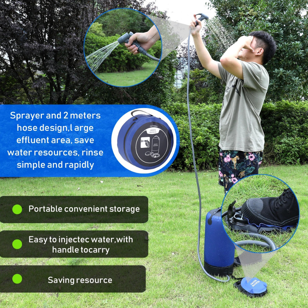Portable Outdoor Shower Bag 12L Foot Pump Inflatable PVC Camping Beach Washing System - Blue