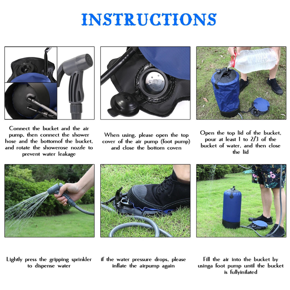 Portable Outdoor Shower Bag 12L Foot Pump Inflatable PVC Camping Beach Washing System - Blue