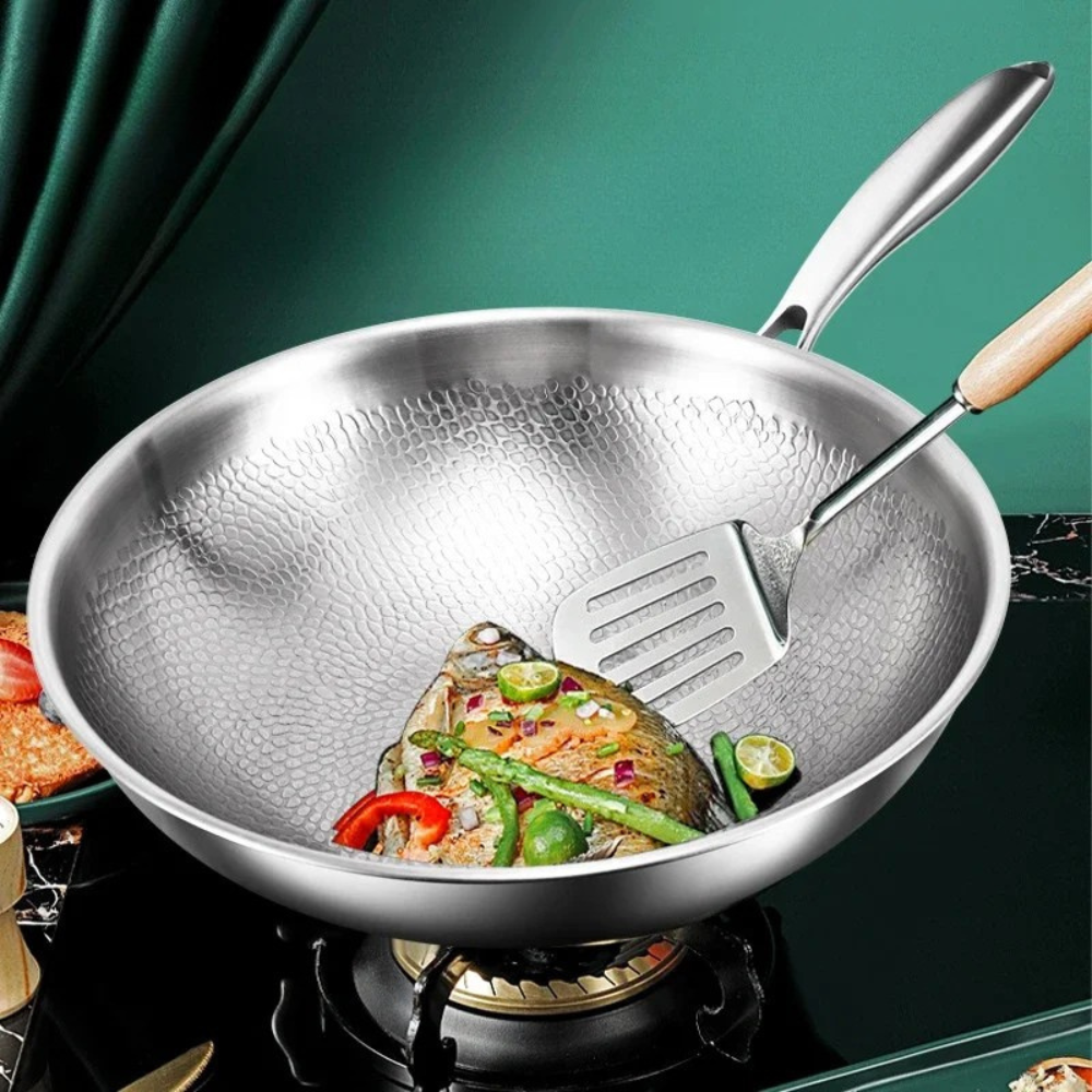 Titanium Wok Pan 32cm Flat Bottom Cooking Pan with Lid Induction Compatible