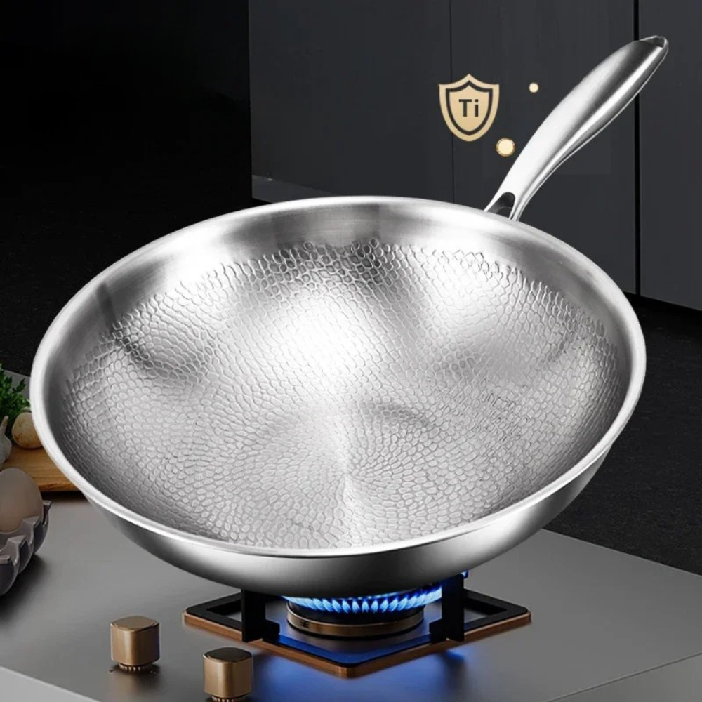 Titanium Wok Pan 32cm Flat Bottom Cooking Pan with Lid Induction Compatible