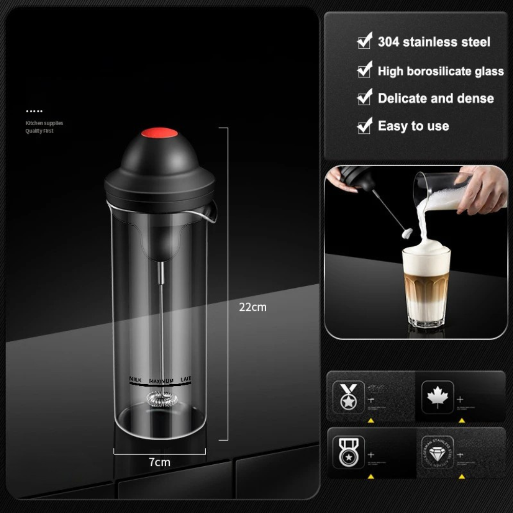 Electric Milk Frother 400ml Portable Handheld Coffee Stirrer Stainless Steel - Black