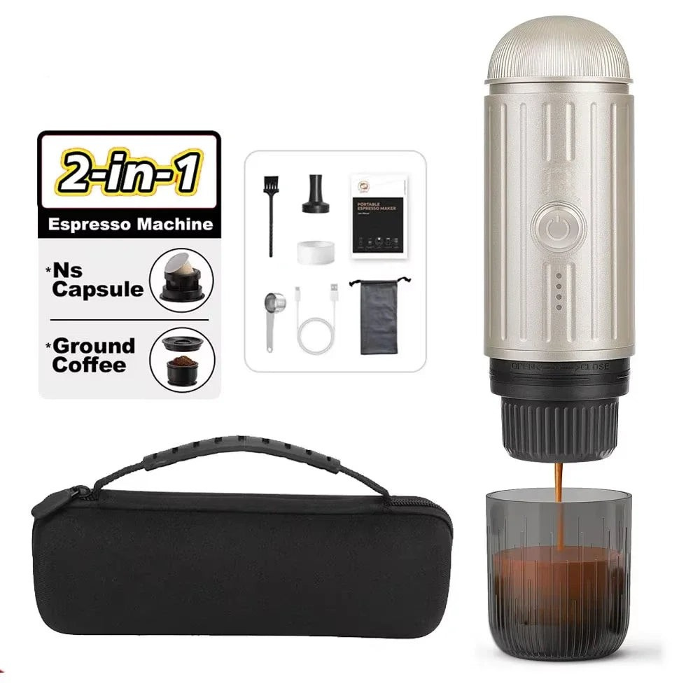 Portable Espresso Coffee Maker 2 in 1 Wireless Capsule Powder Machine 7500mAh - Silver