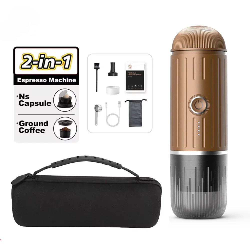 Portable Espresso Coffee Maker 2 in 1 Wireless Capsule Powder Machine 7500mAh - Brown