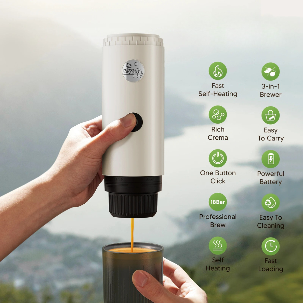 Portable Espresso Coffee Maker 3 in 1 Wireless Heating Capsule Powder Machine - White