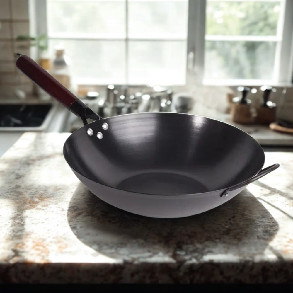 Iron Wok Pan 32cm Flat Bottom Stir Fry Cooking Pan Induction Compatible