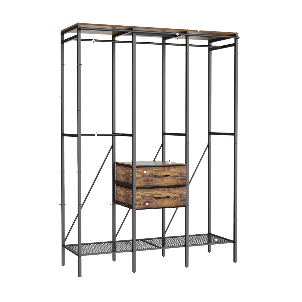 Industrial Clothes Rack Wardrobe with Shelves Drawers and Hanging Rail - Black