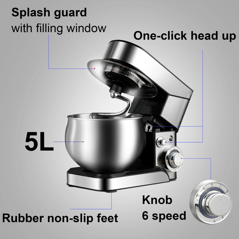 Stand Mixer 5L Stainless Steel Bowl 1000W Kitchen Food Bench Mixer – Black