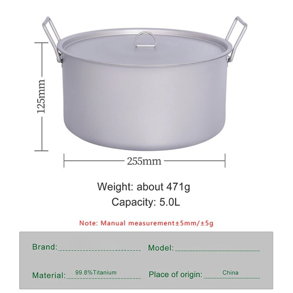Titanium Stockpot 5L Portable Camping Soup Pot Outdoor Cookware