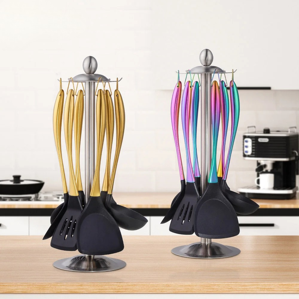 Cooking Tool Set 7PCS Silicone Kitchen Utensils with Stainless Steel Handle - Rose Gold