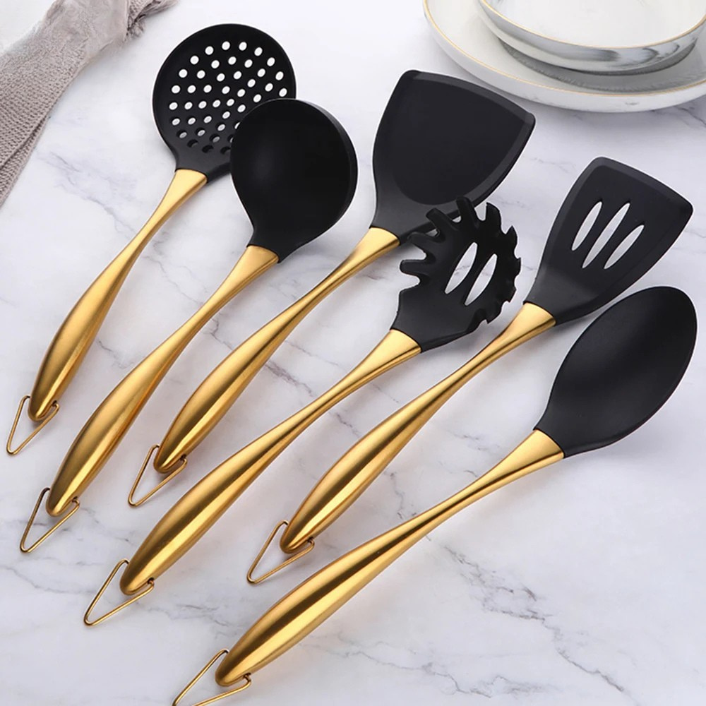 Cooking Tool Set 7PCS Silicone Kitchen Utensils with Stainless Steel Handle - Rose Gold