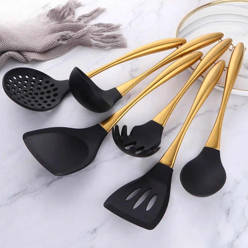Cooking Tool Set 7PCS Silicone Kitchen Utensils with Stainless Steel Handle - Rose Gold