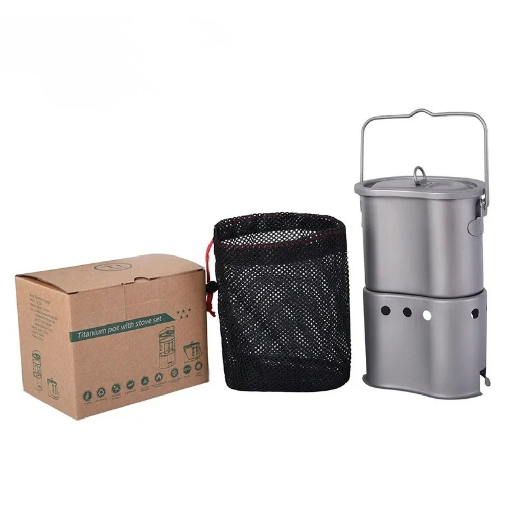 Titanium Cookware Set Portable Camping Wood Stove with Pot - Grey