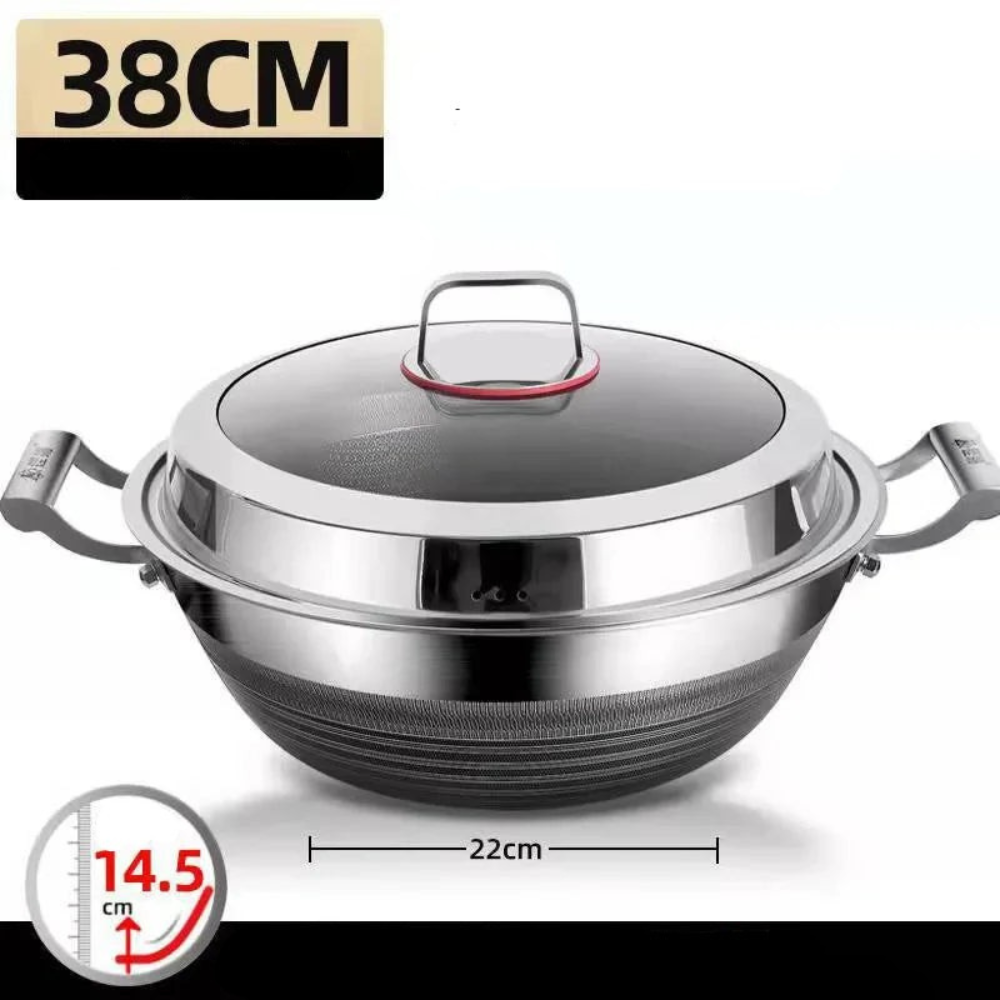 Wok 38cm Deep 316 Stainless Steel Flat Bottom Cooking Pan with Lid
