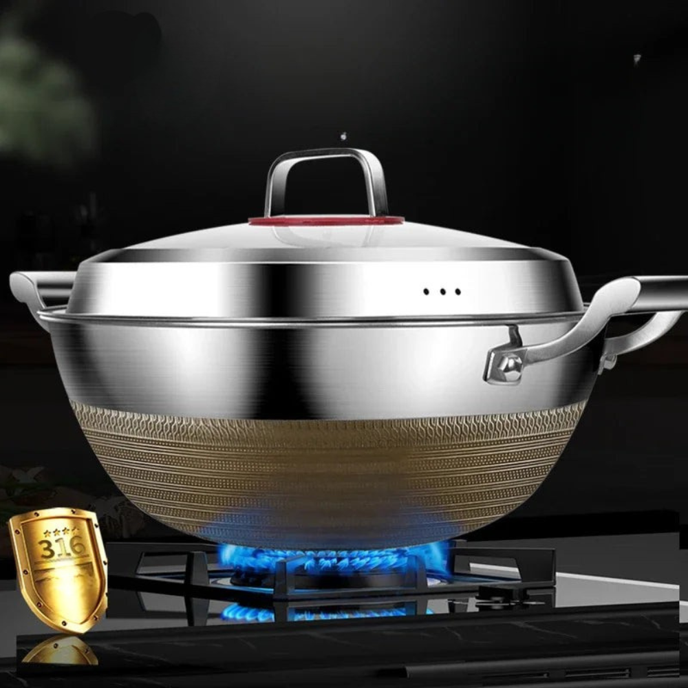 Wok 36cm Deep 316 Stainless Steel Flat Bottom Cooking Pan with Lid