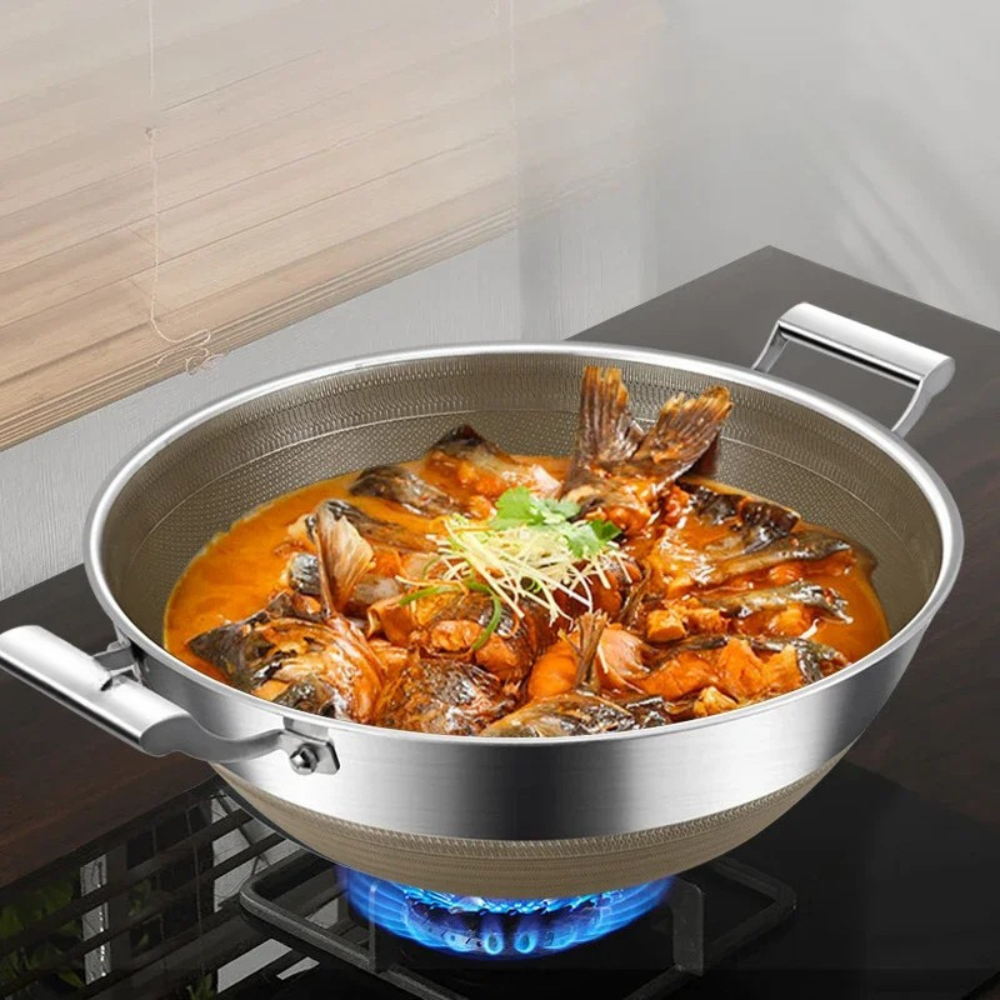 Wok 38cm Deep 316 Stainless Steel Flat Bottom Cooking Pan with Lid