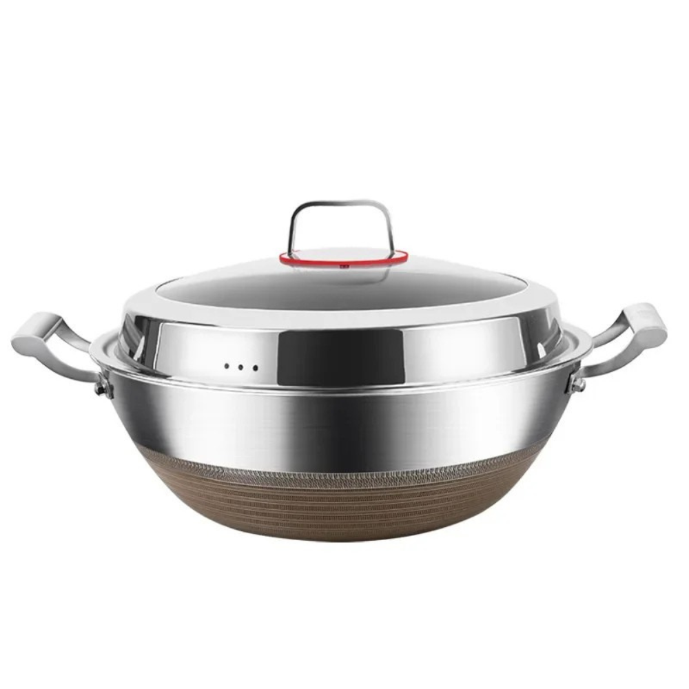 Wok 38cm Deep 316 Stainless Steel Flat Bottom Cooking Pan with Lid