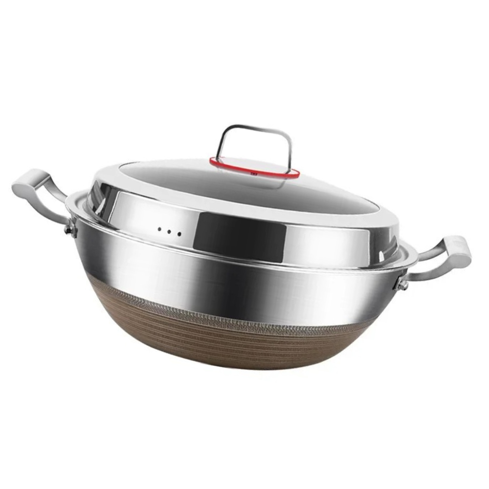 Wok 34cm Deep 316 Stainless Steel Flat Bottom Cooking Pan with Lid
