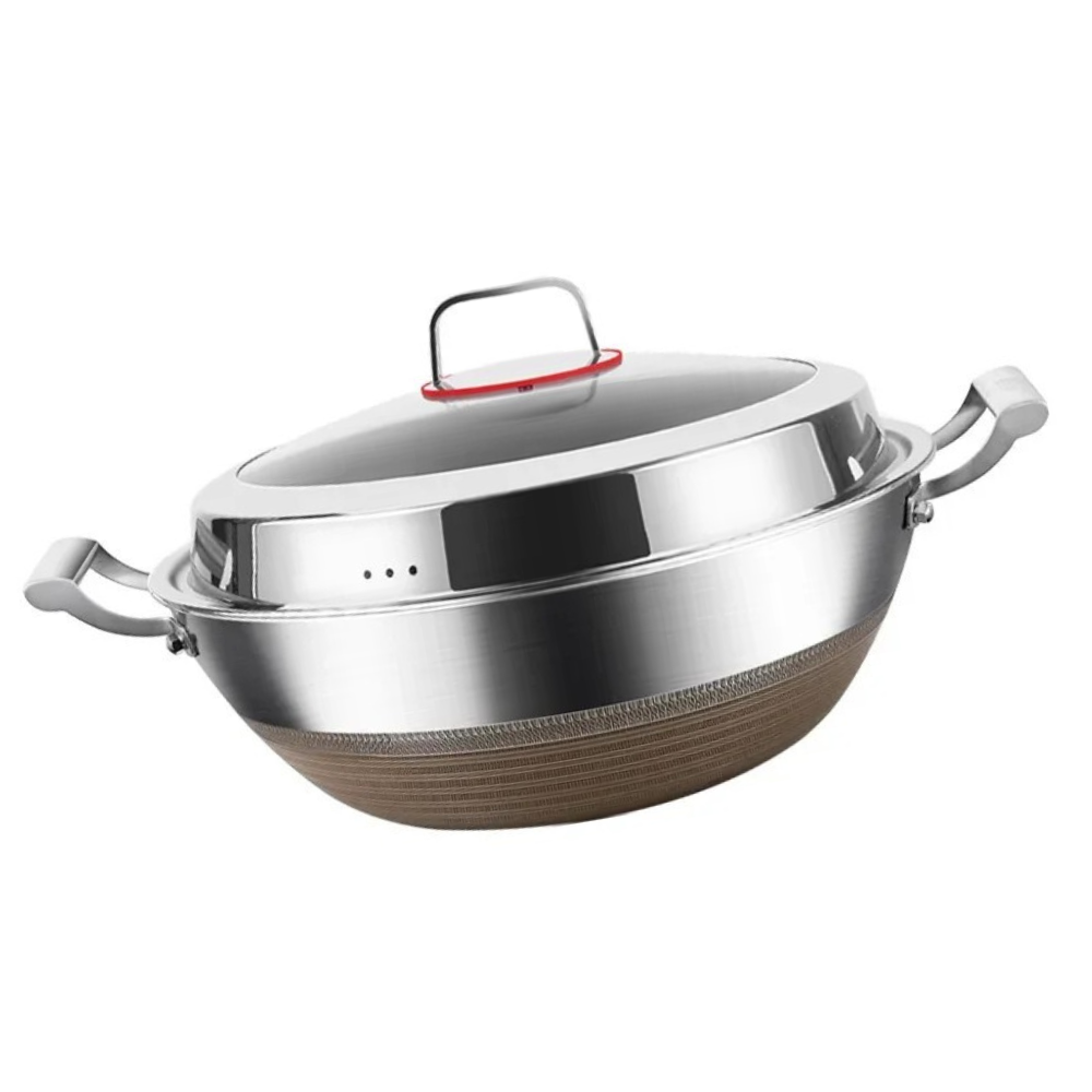 Wok 36cm Deep 316 Stainless Steel Flat Bottom Cooking Pan with Lid