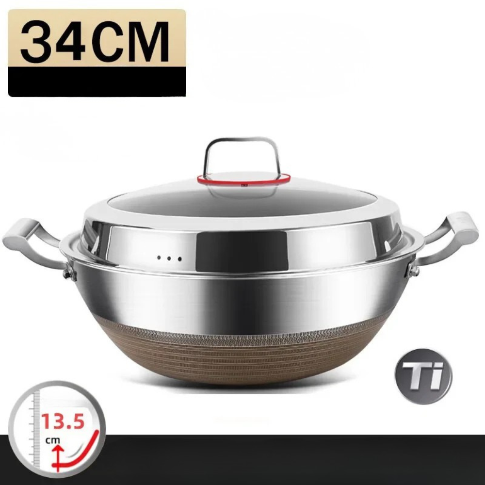 Wok 34cm Deep 316 Stainless Steel Flat Bottom Cooking Pan with Lid