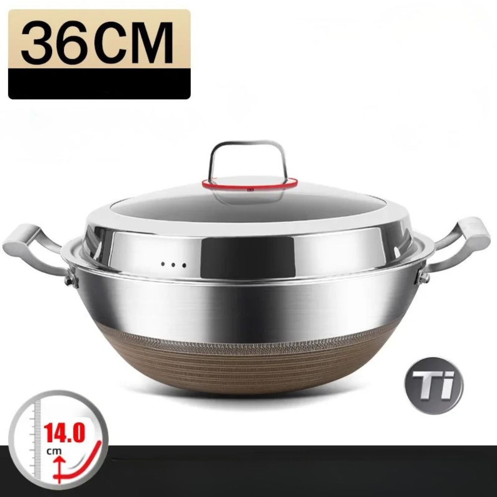 Wok 36cm Deep 316 Stainless Steel Flat Bottom Cooking Pan with Lid